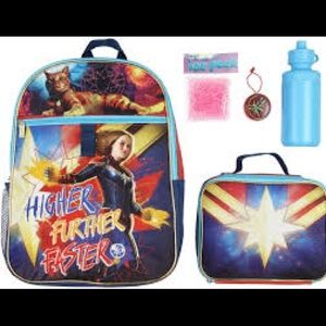 Captain Marvel Backpack Lunch Kit Water Bottle 5 Pc. Mega Set